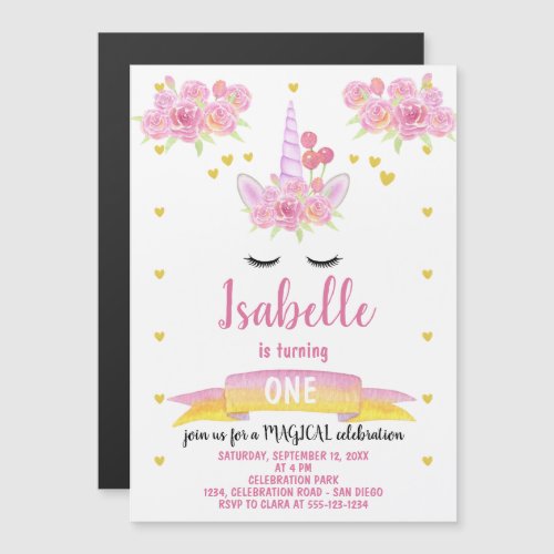 Cute Unicorn Face Pink Florals Hearts Birthday  Magnetic Invitation
