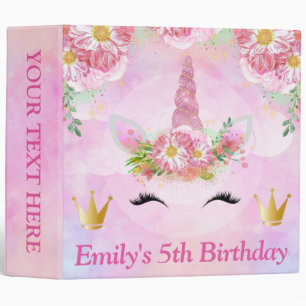 Cute Unicorn Face & Pink Flowers Birthday 3 Ring Binder