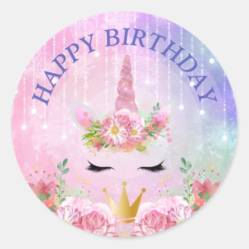 Cute Unicorn Face  Pink Flowers Birthday Classic Round Sticker