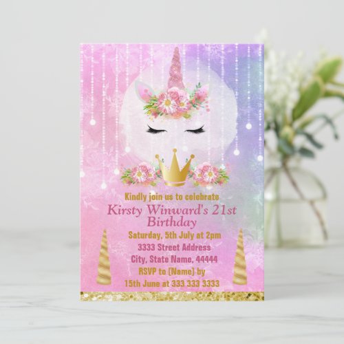 Cute Unicorn Face Pink Flowers Birthday Party Invitation