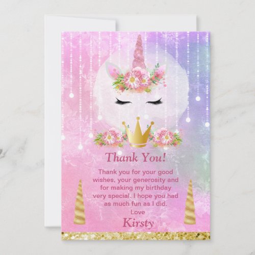 Cute Unicorn Face Pink Flowers Birthday Thank You Card
