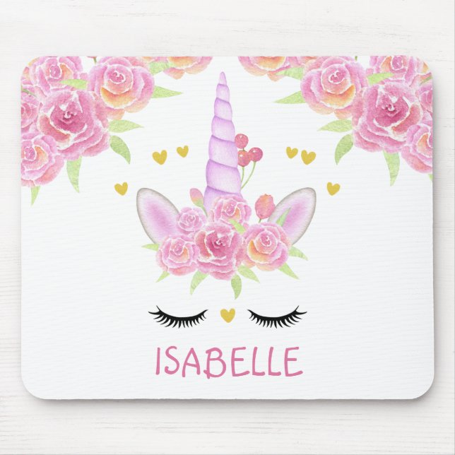 Cute Unicorn Face Pink Flowers Gold Hearts  Mouse  Pad (Front)