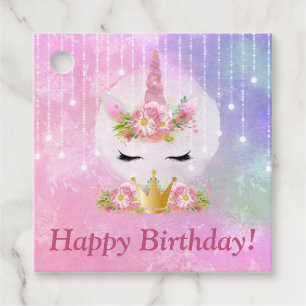 Cute Unicorn Face Pink Flowers Happy Birthday Favor Tags