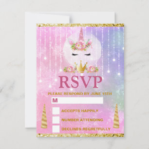 Cute Unicorn Face Pink Flowers Quinceañera RSVP Card