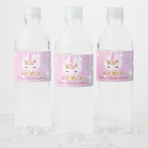Cute Unicorn Face Pink Flowers Quinceañera Water Bottle Label