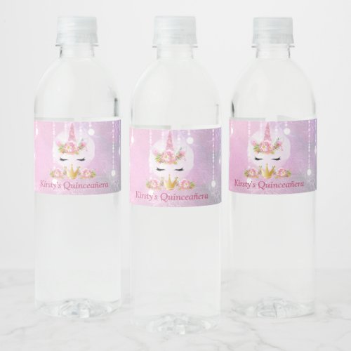 Cute Unicorn Face Pink Flowers Quinceaera Water Bottle Label