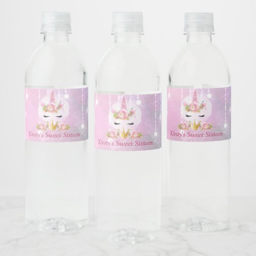 Cute Unicorn Face Pink Flowers Sweet Sixteen Water Bottle Label