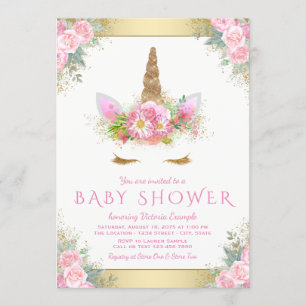 Cute Unicorn Face Pink Gold Baby Shower Invitation