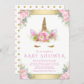 Cute Unicorn Face Pink Gold Baby Shower Invitation (Front/Back)