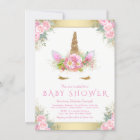 Cute Unicorn Face Pink Gold Baby Shower Invitation