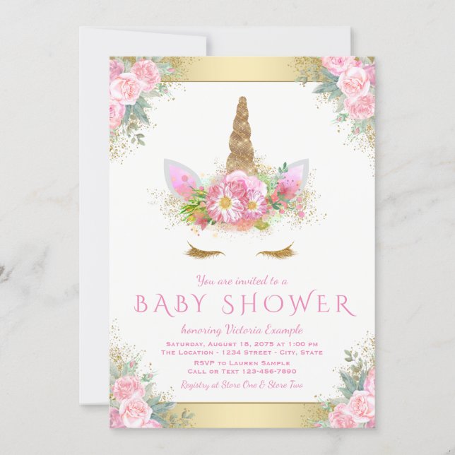 Cute Unicorn Face Pink Gold Baby Shower Invitation (Front)