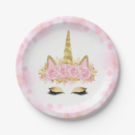 Cute Unicorn Face Pink Gold Paper Plates