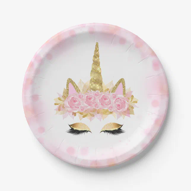 Cute Unicorn Face Pink Gold Paper Plates Zazzle