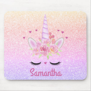 Cute Unicorn Face Rainbow Glitter Pink Hearts Mouse Pad