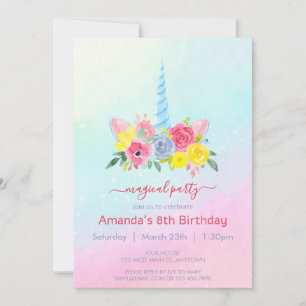 Cute unicorn face with florals girl birthday Invitation