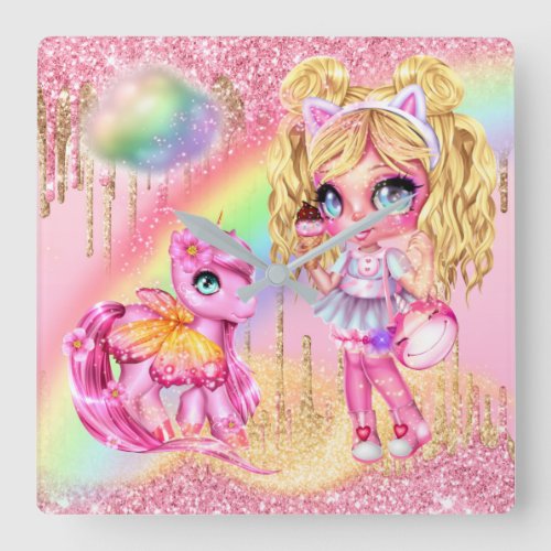 Cute unicorn fairy girl rainbow glitter fantasy square wall clock