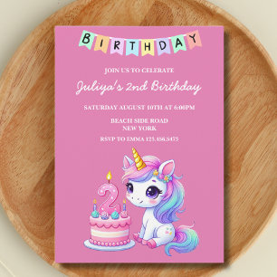 Cute unicorn family photo pink 2nd birthday party invitation