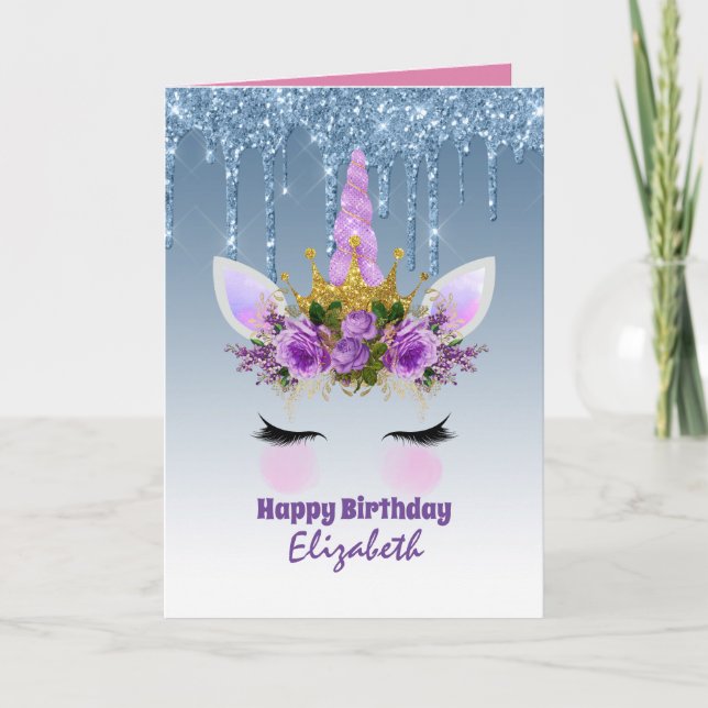 Cute Unicorn Fantasy Pretty Girly Design Purple Card (Front)