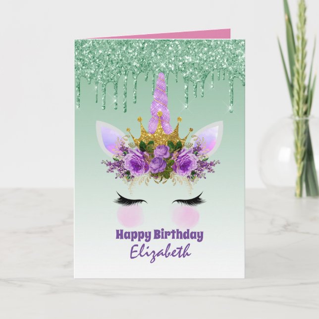 Cute Unicorn Fantasy Pretty Girly Design Purple Card (Front)