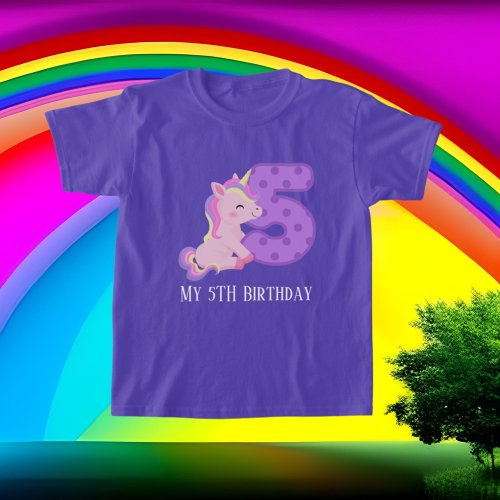 cute unicorn fifth Birthday add text  T_Shirt