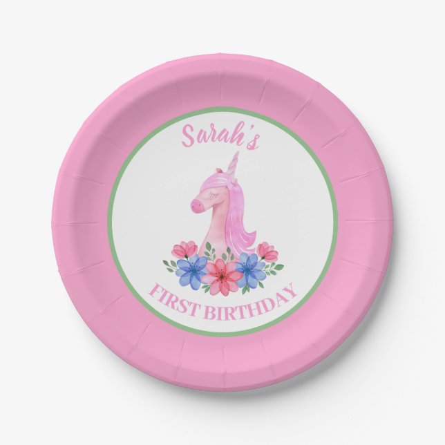 Cute Unicorn First Birthday Personalized Paper  Plates (Front)