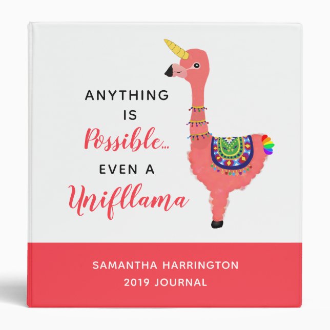 Cute Unicorn Flamingo Llama Inspiring Unifllama 3 Ring Binder (Front)