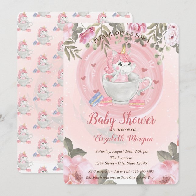 Cute Unicorn,Floral Baby Shower Invitation (Front/Back)