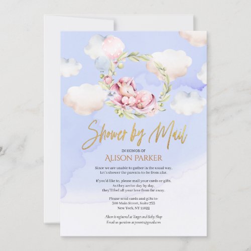 Cute Unicorn Floral Blue Sky Baby Shower by Mail Invitation