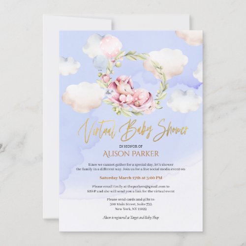 Cute Unicorn Floral Blue Sky Virtual Baby Shower Invitation