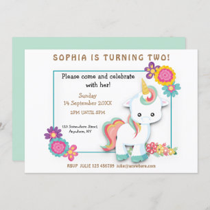 Cute Unicorn Floral Girl 2nd Birthday Invitation
