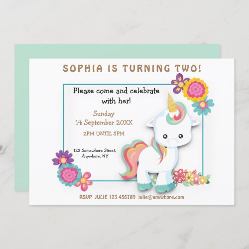 Cute Unicorn Floral Girl 2nd Birthday Invitation