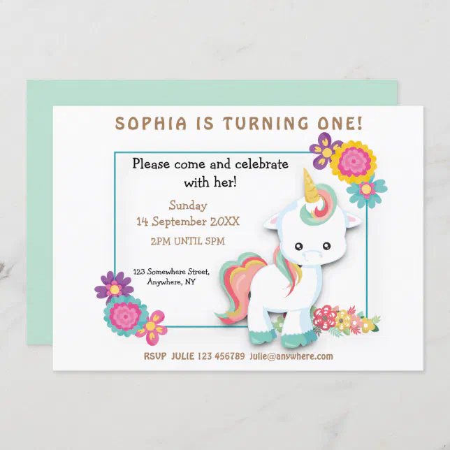 Cute Unicorn Floral Girl First Birthday Invitation | Zazzle