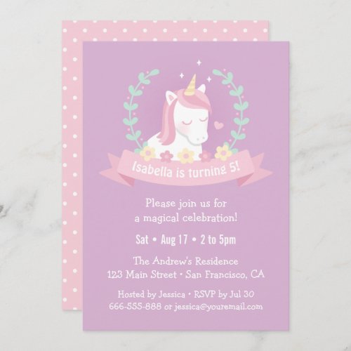 Cute Unicorn Floral Girls Birthday Party Invitation