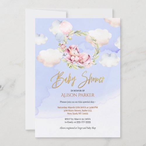 Cute Unicorn Floral Greenery Blue Sky Baby Shower Invitation