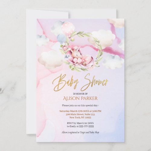 Cute Unicorn Floral Greenery Pink Sky Baby Shower Invitation