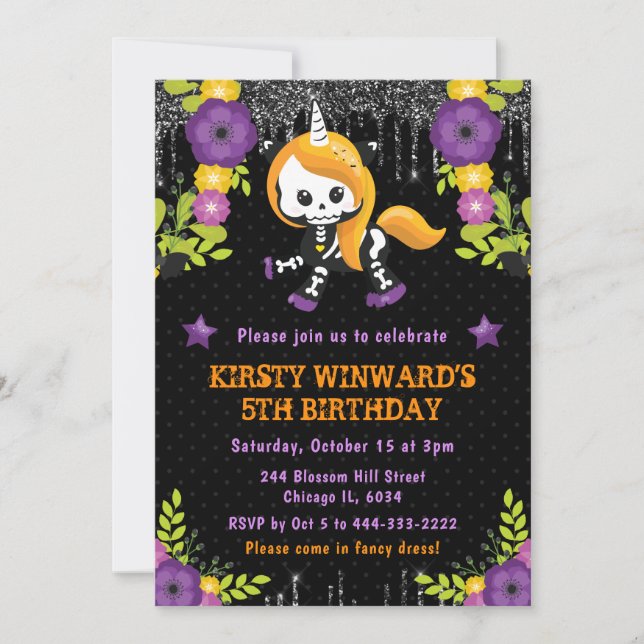 Cute Unicorn Floral Halloween Birthday Invitation (Front)
