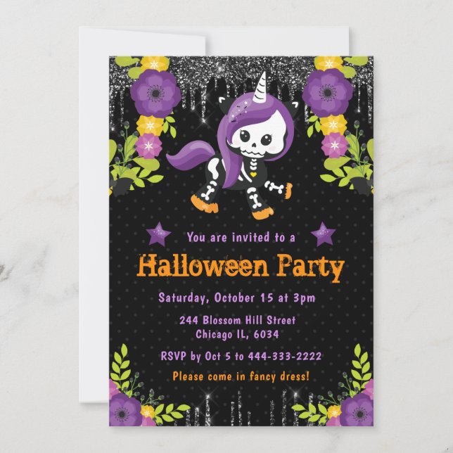 Cute Unicorn Floral Halloween Party Invitation (Front)