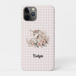 Cute Unicorn Floral Pastel Gingham Pattern iPhone 11 Pro Case