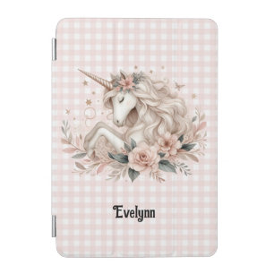 Cute Unicorn Floral Pastel Gingham Pattern iPad Mini Cover
