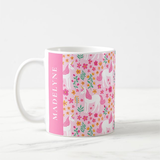 Cute Unicorn Floral Pattern Pink Personalized Name Coffee Mug (Left)