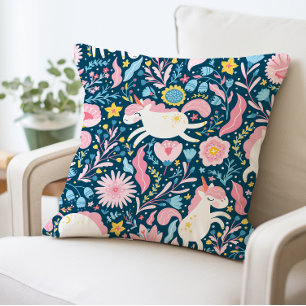 Cute Unicorn Floral Pillow, Whimsical Animal  Throw Pillow