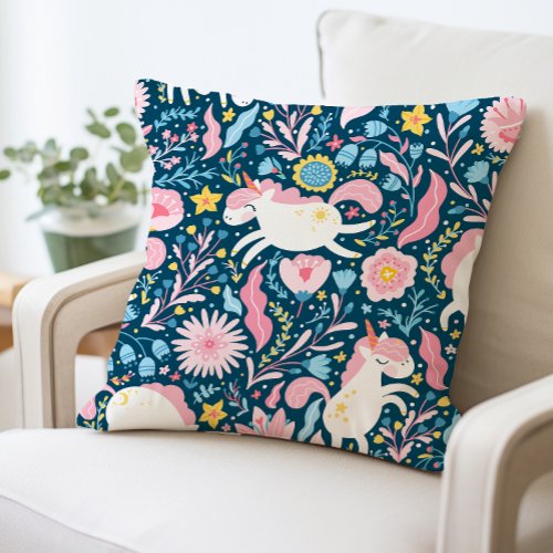 Cute Unicorn Floral Pillow Whimsical Animal  Throw Pillow