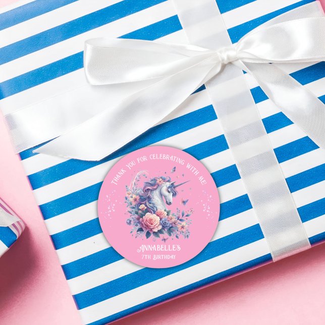 Cute Unicorn Floral Pink Purple Girl Birthday  Classic Round Sticker (Creator Uploaded)