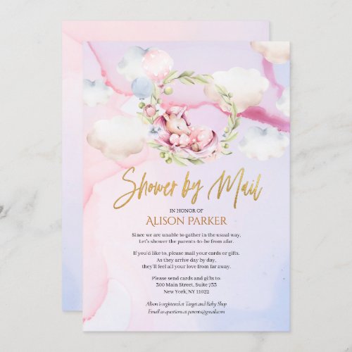 Cute Unicorn Floral Pink Sky Baby Shower by Mail Invitation