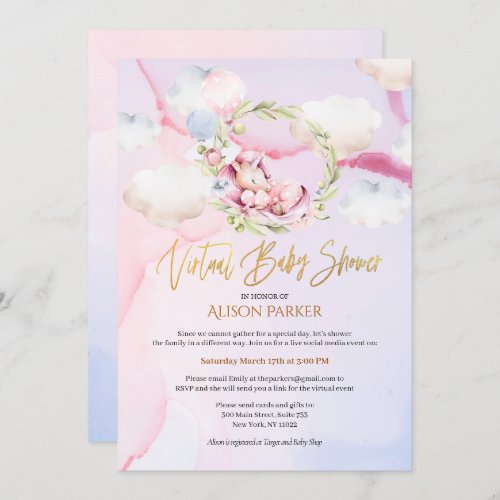 Cute Unicorn Floral Pink Sky Virtual Baby Shower Invitation