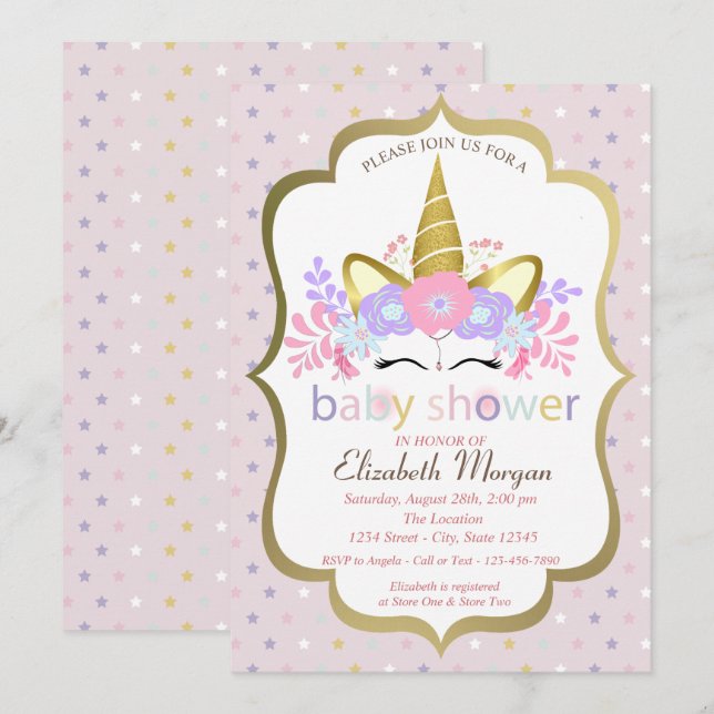 Cute Unicorn,Floral,Stars Baby Shower Invitation (Front/Back)