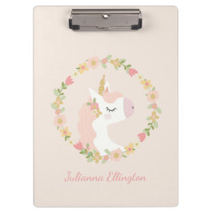 Cute Unicorn Floral Wreath Blush Pink Custom Name Clipboard