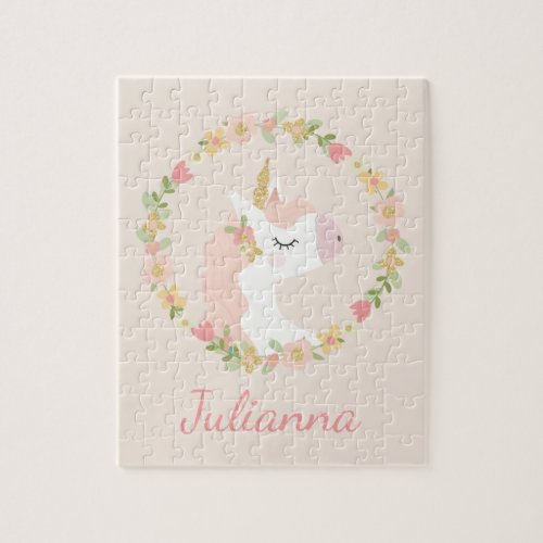 Cute Unicorn Floral Wreath Blush Pink Custom Name Jigsaw Puzzle