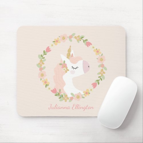 Cute Unicorn Floral Wreath Blush Pink Custom Name Mouse Pad