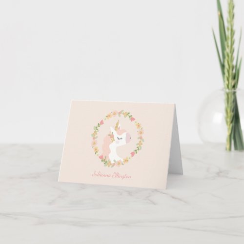 Cute Unicorn Floral Wreath Blush Pink Custom Name Note Card